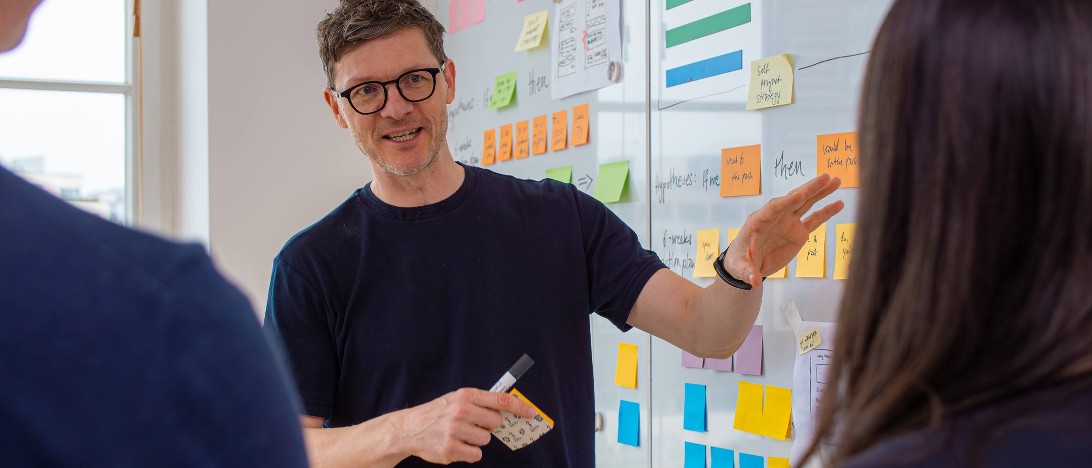 Lukas Sveceny facilitating a workshop — whiteboard covered in sticky notes, participants around